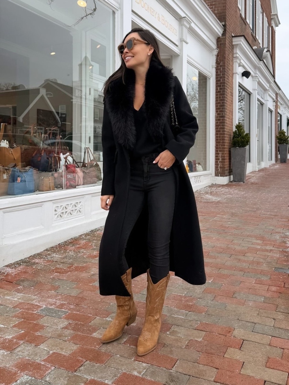 MICHAEL Michael Kors Black Long Wool Coat with Black Fur Collar